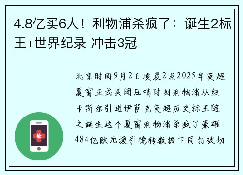 4.8亿买6人！利物浦杀疯了：诞生2标王+世界纪录 冲击3冠