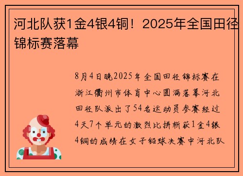 河北队获1金4银4铜！2025年全国田径锦标赛落幕